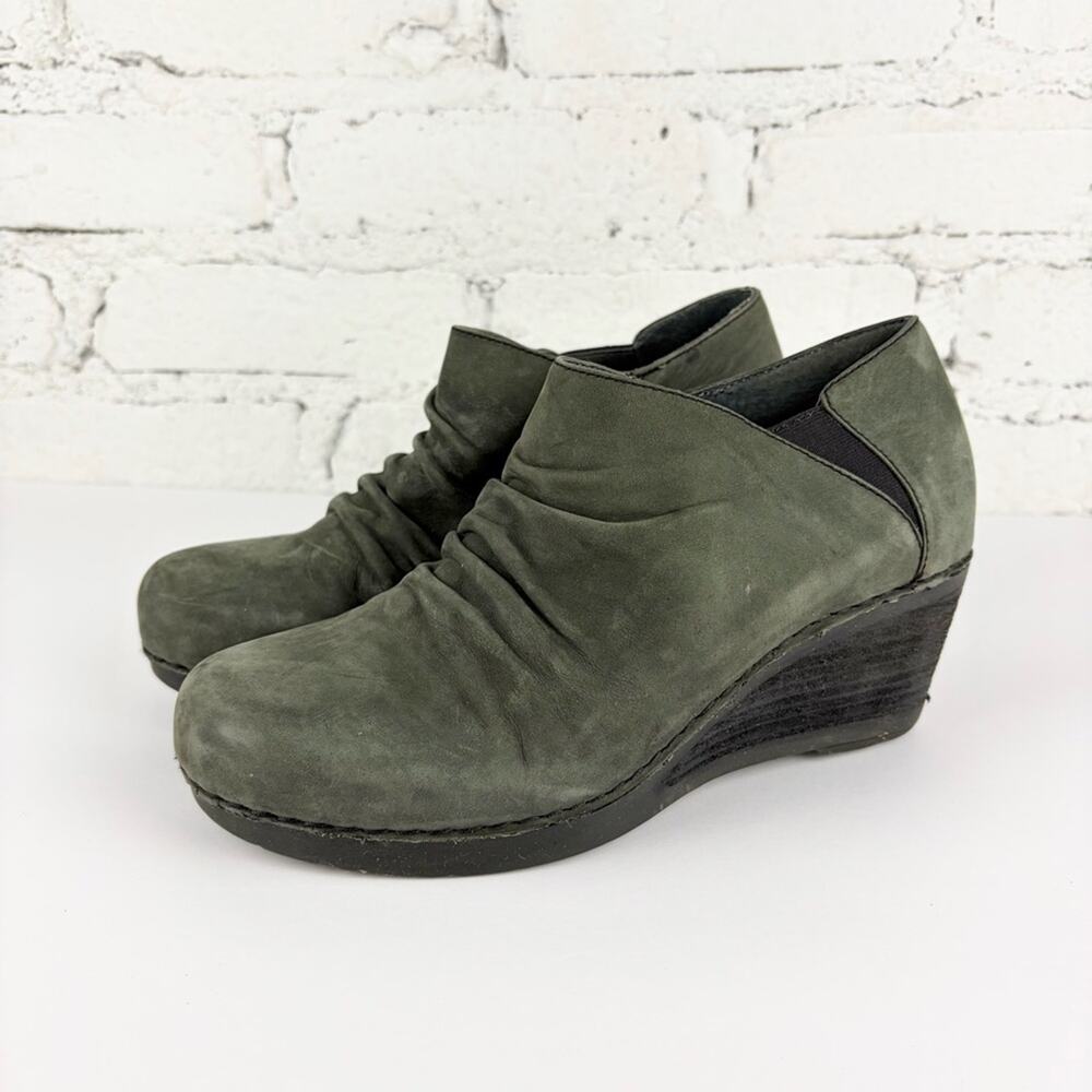 Dansko Sheena Grey Nubuck Wedge Ankle Bootie Elastic Side 37